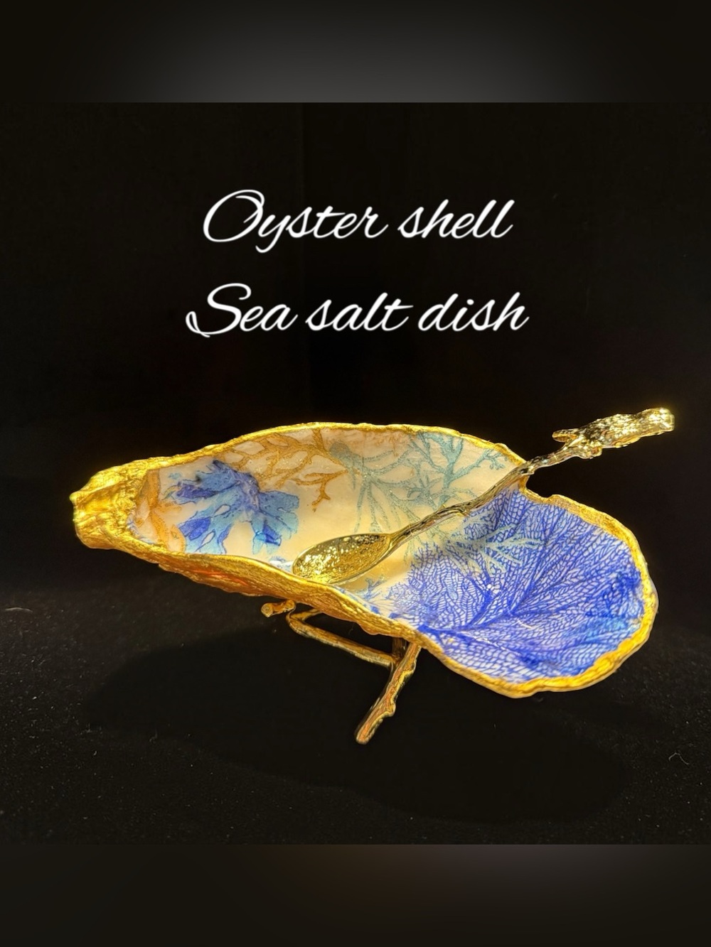 Oyster Shell Sea Salt Dish – Gold Rim with Blue Coral Interior